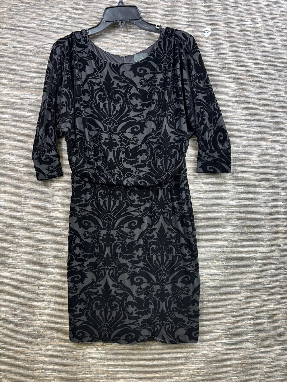 Adrianna Papell Dress Womens 6 Black Velvet Burnout Blouson Sheath 3/4 Sleeve
